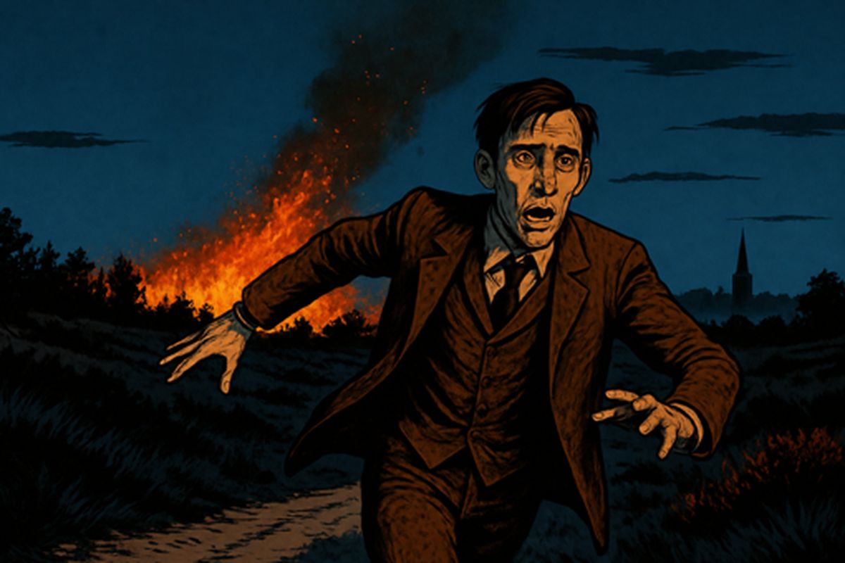 The invisible sword of heat swept round the common: pine trees burst into fire, furze bushes flared with a dull thud, and far towards Knaphill hedges and sheds blazed. It passed and spared me, and the night fell suddenly dark and empty. Then panic struck, and I turned and ran stumbling through the heather, weeping silently like a child, never daring to look back.