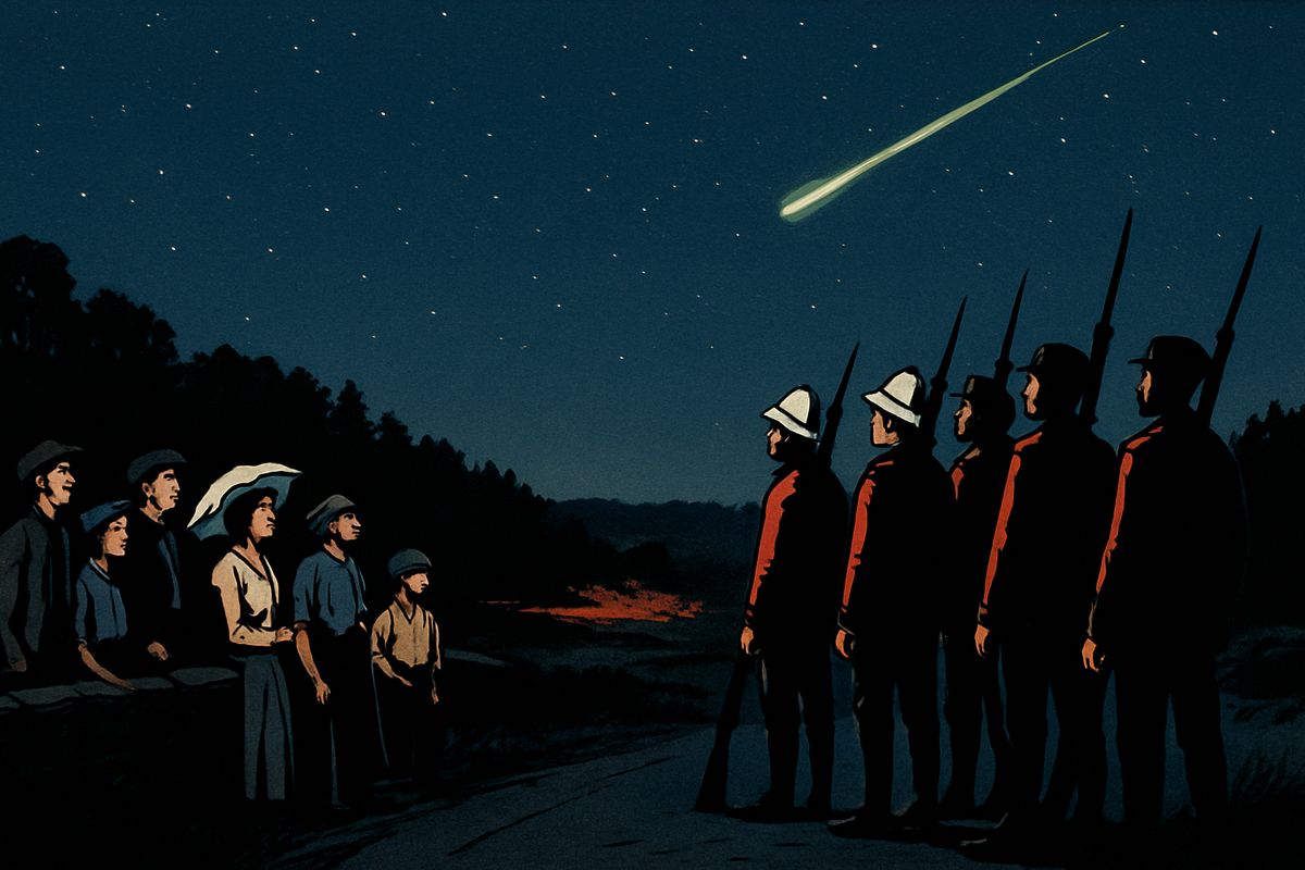 All Friday night Woking dined, gossiped and caught its trains as if Mars did not exist, while the Martians hammered in their pit. About eleven, companies of soldiers marched out to ring the common. A few seconds after midnight, the crowd watched a second greenish star fall silently into the pine woods to the northwest. This was the second cylinder.