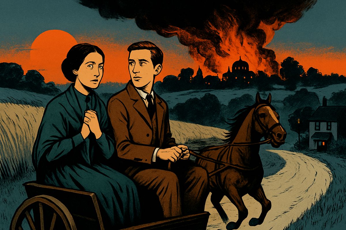 On Saturday evening, as we took tea in the summerhouse, a crash shook the ground. The Heat-Ray had struck the crest of Maybury Hill, firing the trees and toppling our chimney. I hired the Spotted Dog's dog-cart, threw in our valuables, and drove my wife away downhill. Looking back, I saw black smoke shot with red fire pouring up over everything we had left.