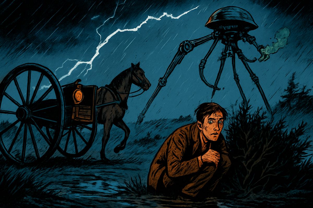 A second tripod burst through the woods ahead. In panic I wrenched the horse round; the cart heeled over and flung me into a pool. Crouching under the furze beside the dead horse and the slowly spinning wheel, I watched the colossal machine go striding past, howling in triumph above the thunder: 'Aloo! Aloo!'