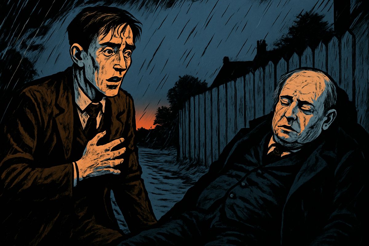 Crawling home by ditches through the pouring hail, I stumbled on something soft by the fence. A lightning flash showed a man crumpled against the palings. I turned him over: it was the landlord of the Spotted Dog, quite dead. At home I bolted the door and sat shivering at the foot of my stairs.