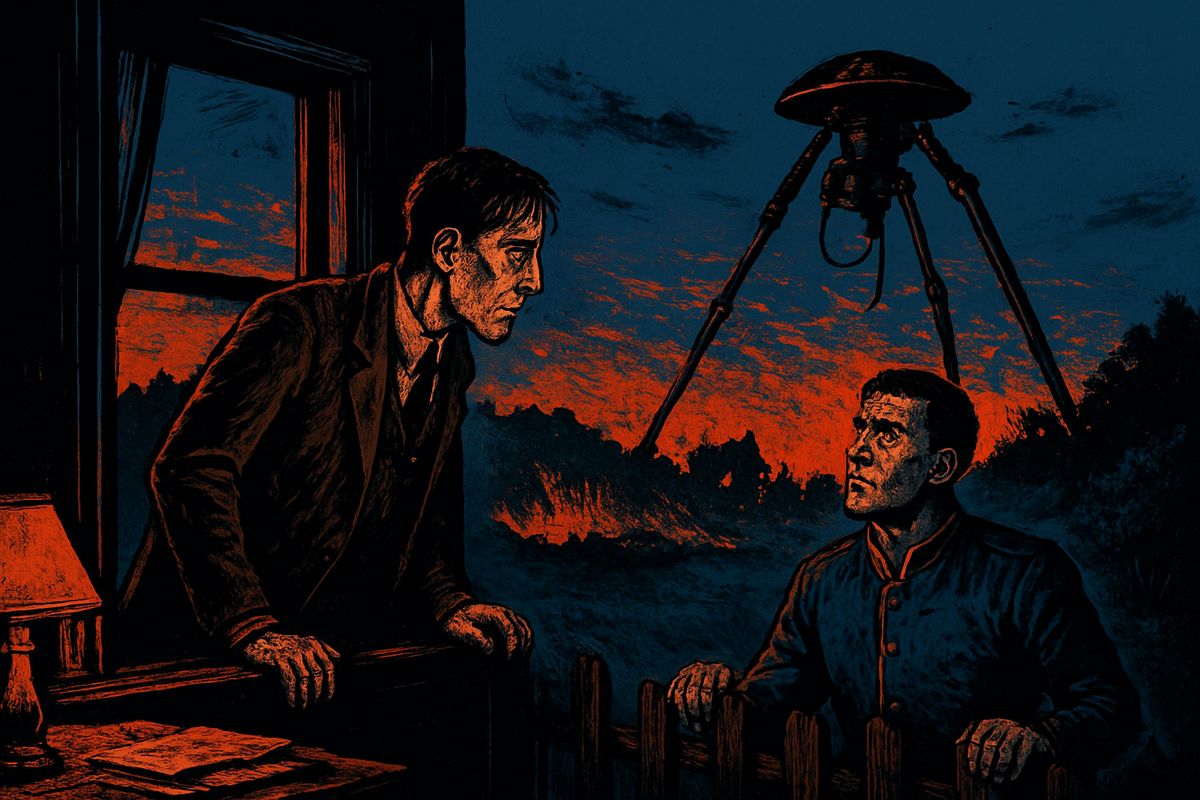 Later, in dry clothes, I climbed to my study and found the whole valley on fire: houses glowing in ruins, a wrecked train burning by the railway arch, and three huge black shapes busy at the sand-pits. Towards dawn a soldier clambered over my garden fence. 'Hist!' he whispered, and I leaned eagerly out of the window.