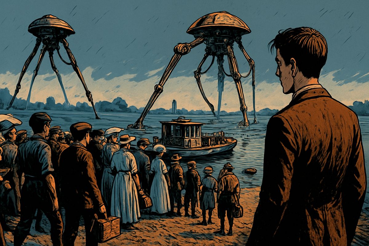 By midday we reached the ferry near Shepperton, where far more fugitives jostled than the boats could carry, still joking that the soldiers would see to it. Then guns thudded from Chertsey, and a man in a blue jersey shouted, "Yonder!" One after another, five armoured Martians came striding across the meadows towards the river, fast as flying birds.