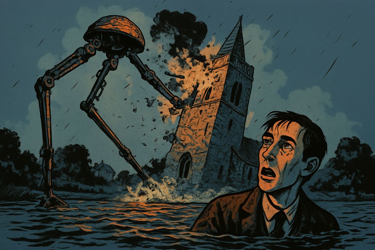 I ran into the shallows and dived under. When I came up, hidden guns at Shepperton fired, and a shell burst full in one Martian's hood and blew it to pieces. "Hit!" I shouted. The headless giant staggered on blindly, smashed through the church tower and fell into the Thames, and the river flashed into steam as a scalding wave came sweeping round the bend.