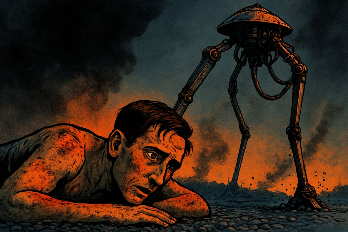 The other four Martians came wading down the river, and their Heat-Rays set Weybridge burning. Scalded and half blind, I struggled out of the nearly boiling wave and fell on a bare gravel spit, in full view of them. A huge metal foot drove into the gravel a few yards from my head, then lifted again, and the Martians walked off carrying their dead comrade's wreckage.