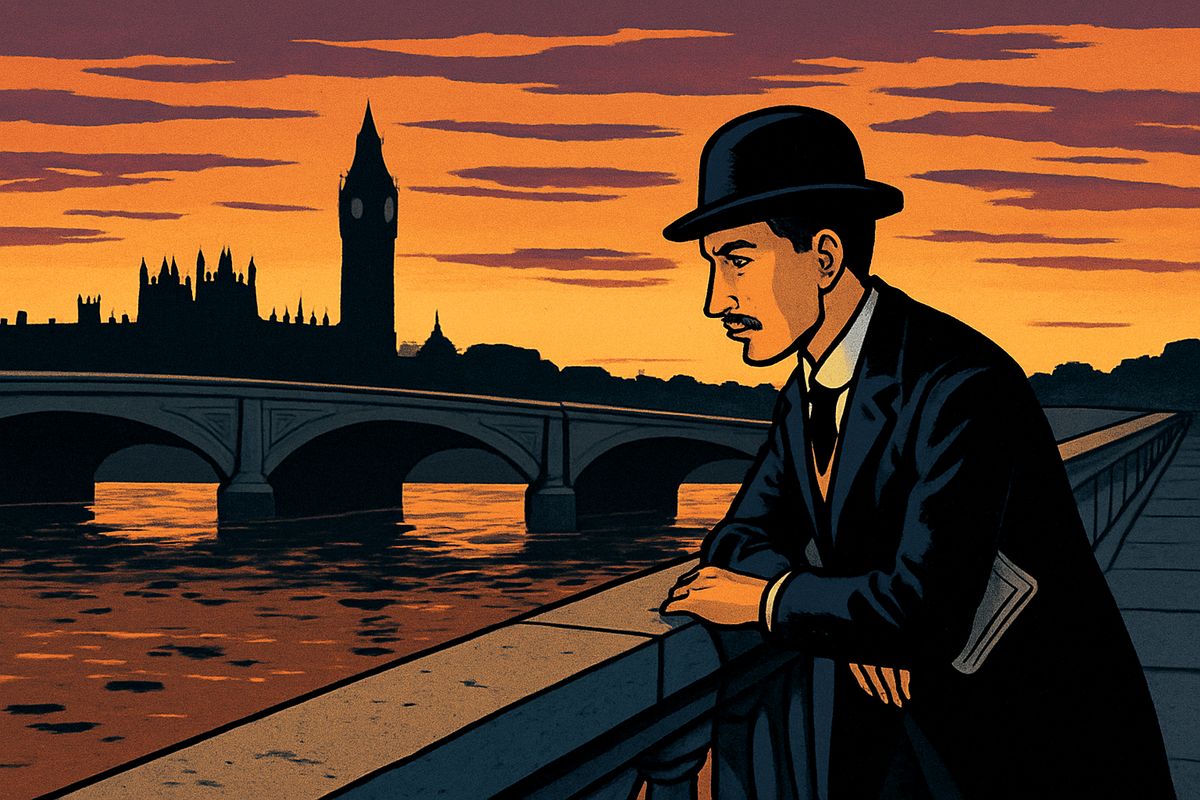 In London my younger brother read the calm Sunday papers, which spoke of Martians 'crawling' helplessly in their pit. At sunset, with the church bells ringing for evensong, he stood on Waterloo Bridge among idle loafers, watching a curious brown scum drift down the Thames beneath a sky of perfect peace.