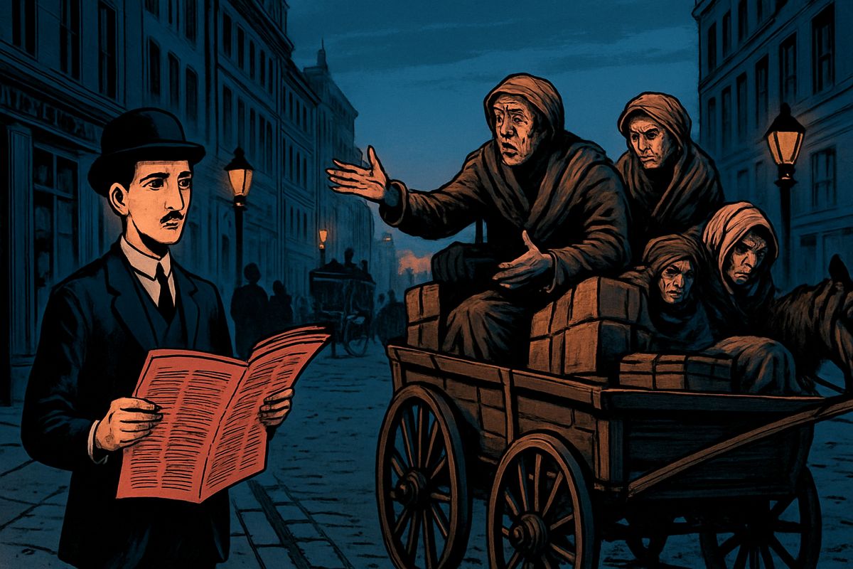 Then hawkers burst into the Strand with still-wet pink papers: the Martians were giant machines a hundred feet high, swift as express trains. Amid the Sunday crowds my brother saw the first haggard fugitives from West Surrey rattling past in carts. 'Boilers on stilts, I tell you, striding along like men,' one of them insisted.