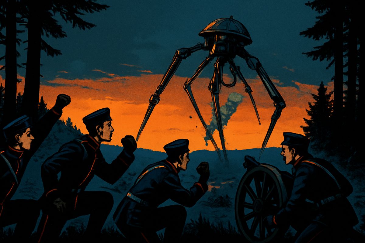 Hours earlier, on Sunday evening, the Martians had come out again. Gunners hidden in the pines on St. George's Hill fired at a thousand yards, and a tripod staggered and fell. Its companions' Heat-Rays blew up the battery; soon seven Martians, each carrying a thick black tube, stood silent in a twelve-mile crescent.