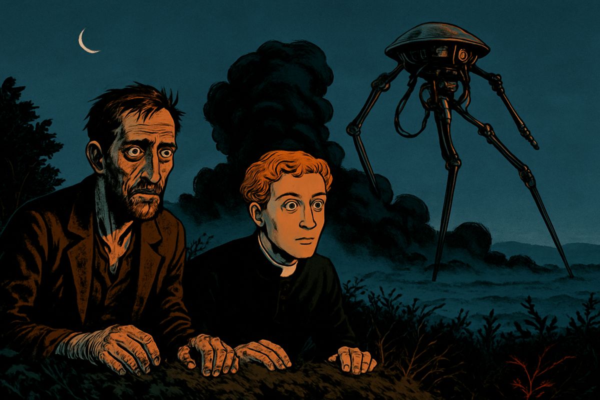 From a ditch near Halliford the narrator and the curate watched a Martian raise his tube and fire with a heavy, flameless thud. Inky black hills rose where the canisters fell, then sank and poured into the valleys, smothering every hidden gun. Later the Martians waded through it, clearing it with jets of steam.