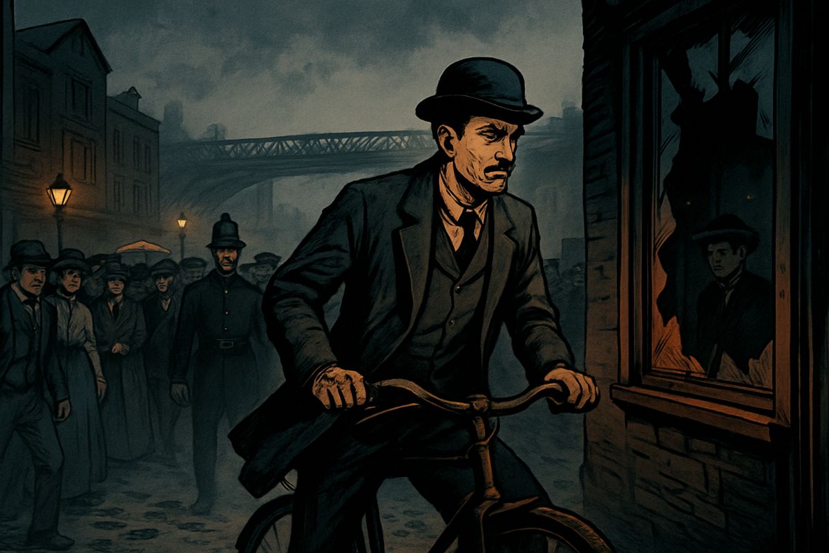 As Monday dawned, terror swept through London. Crowds fought savagely for standing-room on trains, and the police, exhausted, lost all control. Failing to board a train at Chalk Farm, the brother was first into a looted cycle shop, cut his wrist dragging a bicycle out through the window, and pedalled away, punctured tyre and all, ahead of the panic.