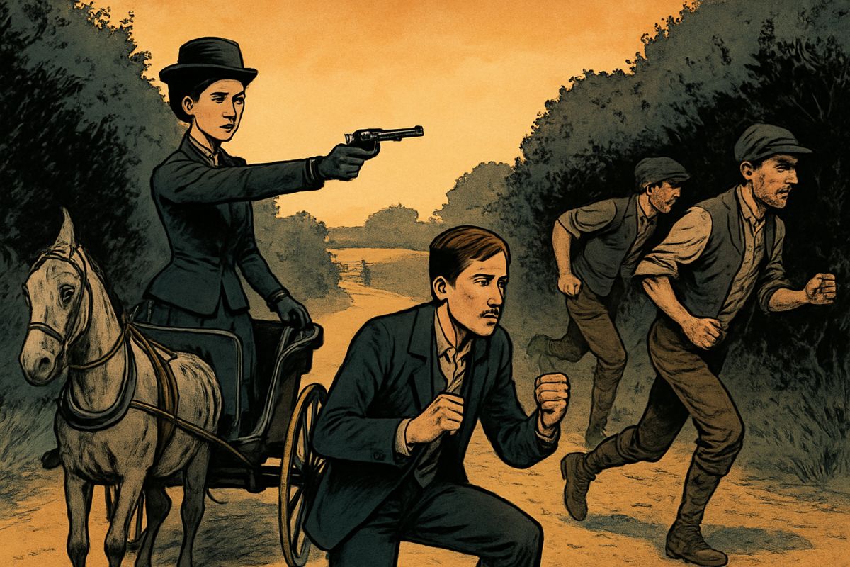 Near High Barnet he heard screams. Three roughs were dragging two ladies from their pony-chaise. He knocked one down, but was outnumbered until the slender lady, Miss Elphinstone, turned back, pulled a revolver from under the seat and fired. The robbers fled. She handed him the gun. "Take this!"