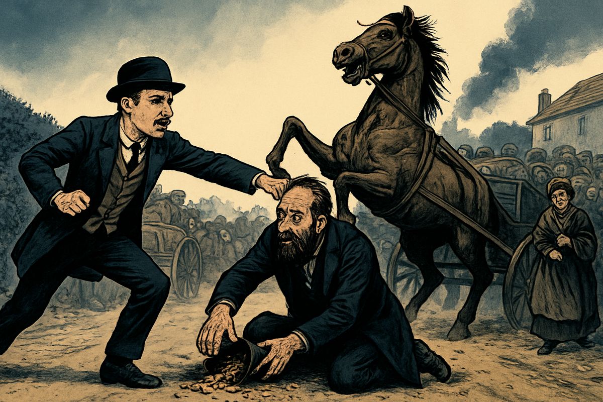With Mrs. Elphinstone crying for her husband George, they made for the Great North Road and found it a roaring river of fugitives under white dust. A man's bag burst, scattering gold; he flung himself on the coins and went down beneath the hooves. The brother tried to drag him clear, but the torrent swept him back. "We cannot cross this—hell."