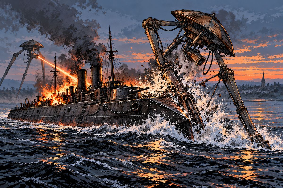 Three tripods waded far out to cut off the fleeing ships. Then the Thunder Child tore past the steamer, rushing at them full speed without firing a shot, which may be why they let her come so close. The Heat-Ray struck her, and flames poured from her decks, but she brought one Martian down and rammed straight into a second.