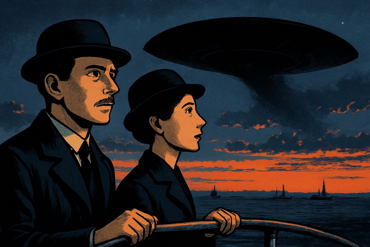 "Two!" yelled the captain, and every ship took up the cheer. Steam hid the rest; the Thunder Child and the third Martian were gone from sight. At twilight, as the steamer beat out to sea, a huge, flat, broad thing rushed up into the western sky, swept round in a vast curve and sank away, raining darkness on the land.