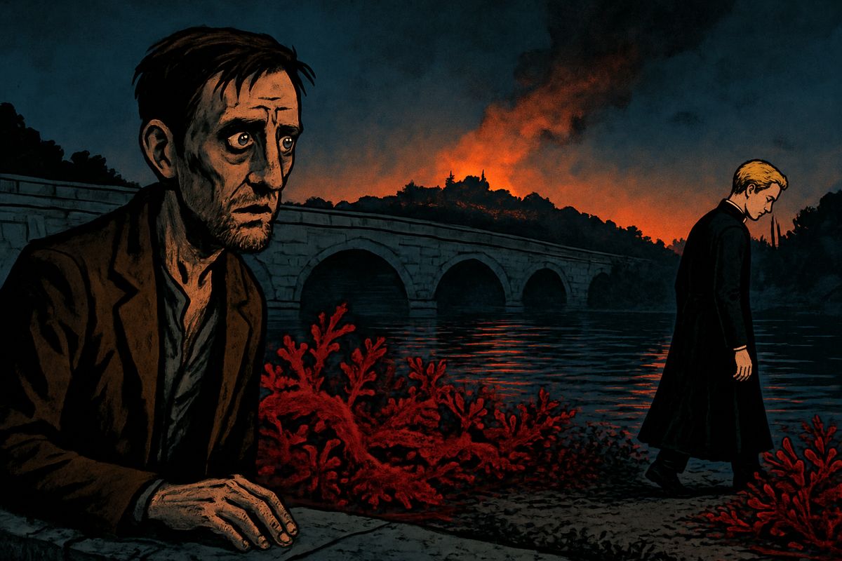 We passed through green Bushey Park and Twickenham, and about half past eight we hurried over Richmond Bridge. Floating down the river were strange red masses, some many feet across. There was no time to look closely, and I imagined something far more horrible than they really were.