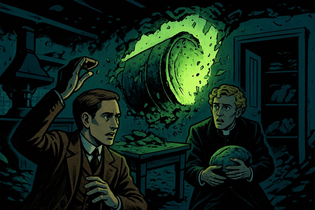 At Sheen we broke into a white house and found a pantry full of bread, ham, beer and tins. We sat eating in the dark kitchen. "It can't be midnight yet," I said, and then came a blinding green glare and a tremendous crash. The ceiling came down on us, and the fifth cylinder buried us under the ruins.