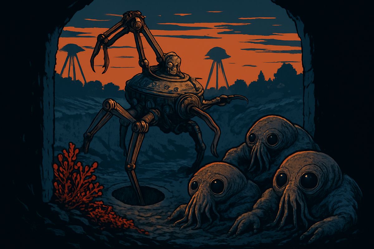 Through a slit in the wreckage I looked into a vast pit. A glittering, crab-like handling-machine was unpacking the cylinder, moving so smoothly it seemed alive. Beyond it crawled the Martians themselves: round head-bodies with huge dark eyes, a fleshy beak, and sixteen whip-like tentacles. Within days crimson red weed was creeping up the edge of the pit around our hiding place.