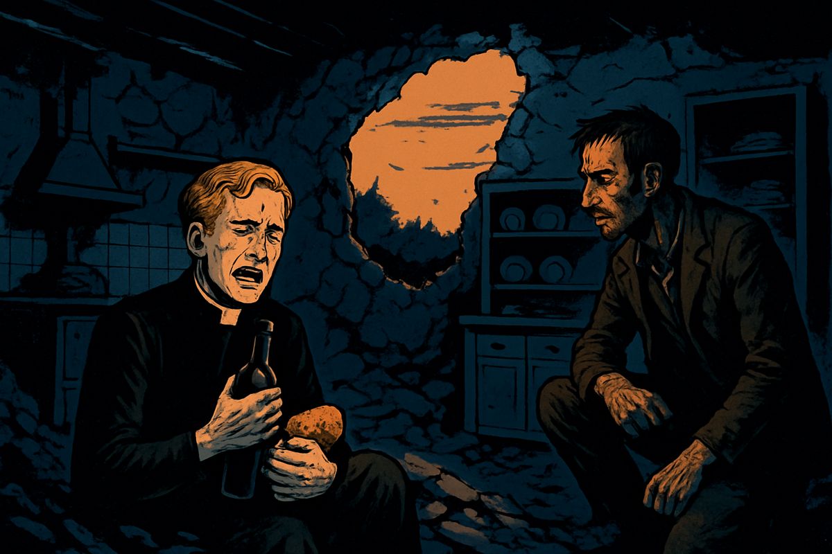 Trapped in the ruined house at Sheen, the curate and I came to hate each other, and fought with whispers and kicks over whose turn it was at the peephole. He wept for hours, hardly slept and gorged on our small store of food, though I warned him again and again that our lives depended on making it last.