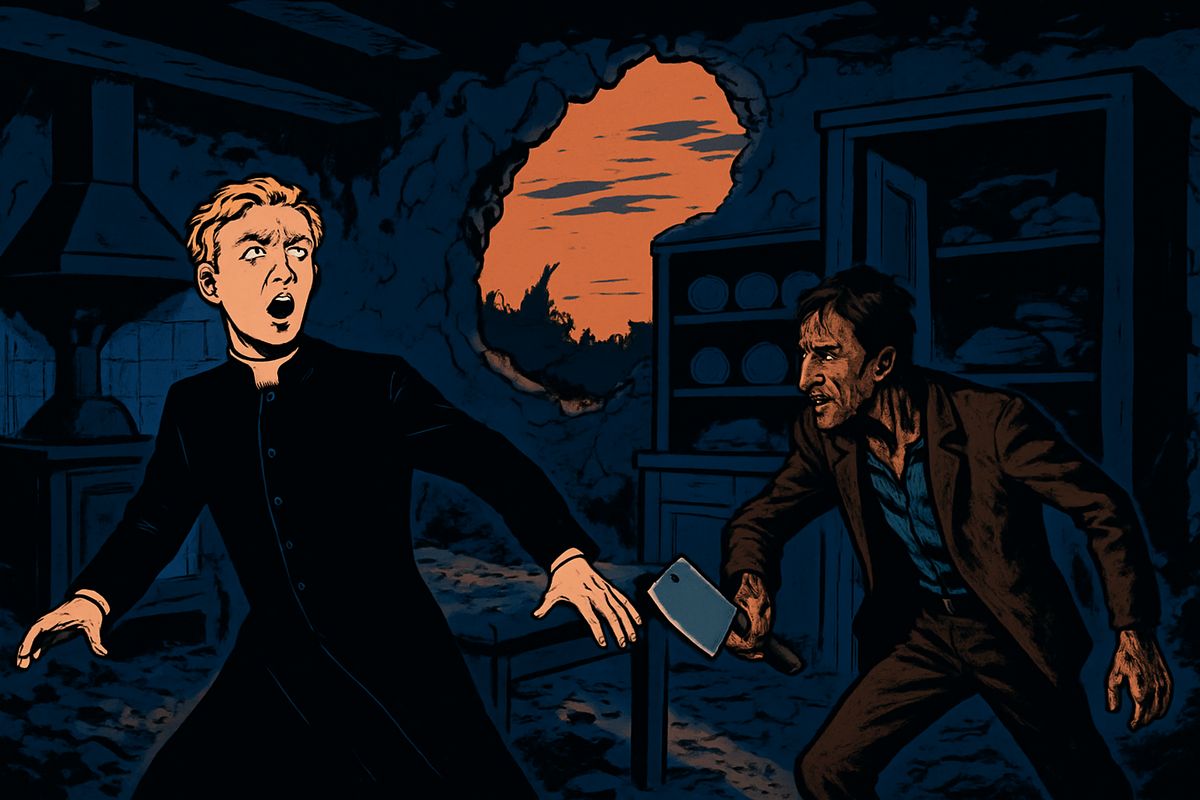When I caught the curate drinking in secret, I rationed the food, and for days we wrestled in the dark. On the ninth day he rose with his arms spread and shouted loud enough to reach the pit: 'I must bear my witness!' Fierce with fear, I grabbed the meat chopper, turned the blade back and struck him down with the butt.