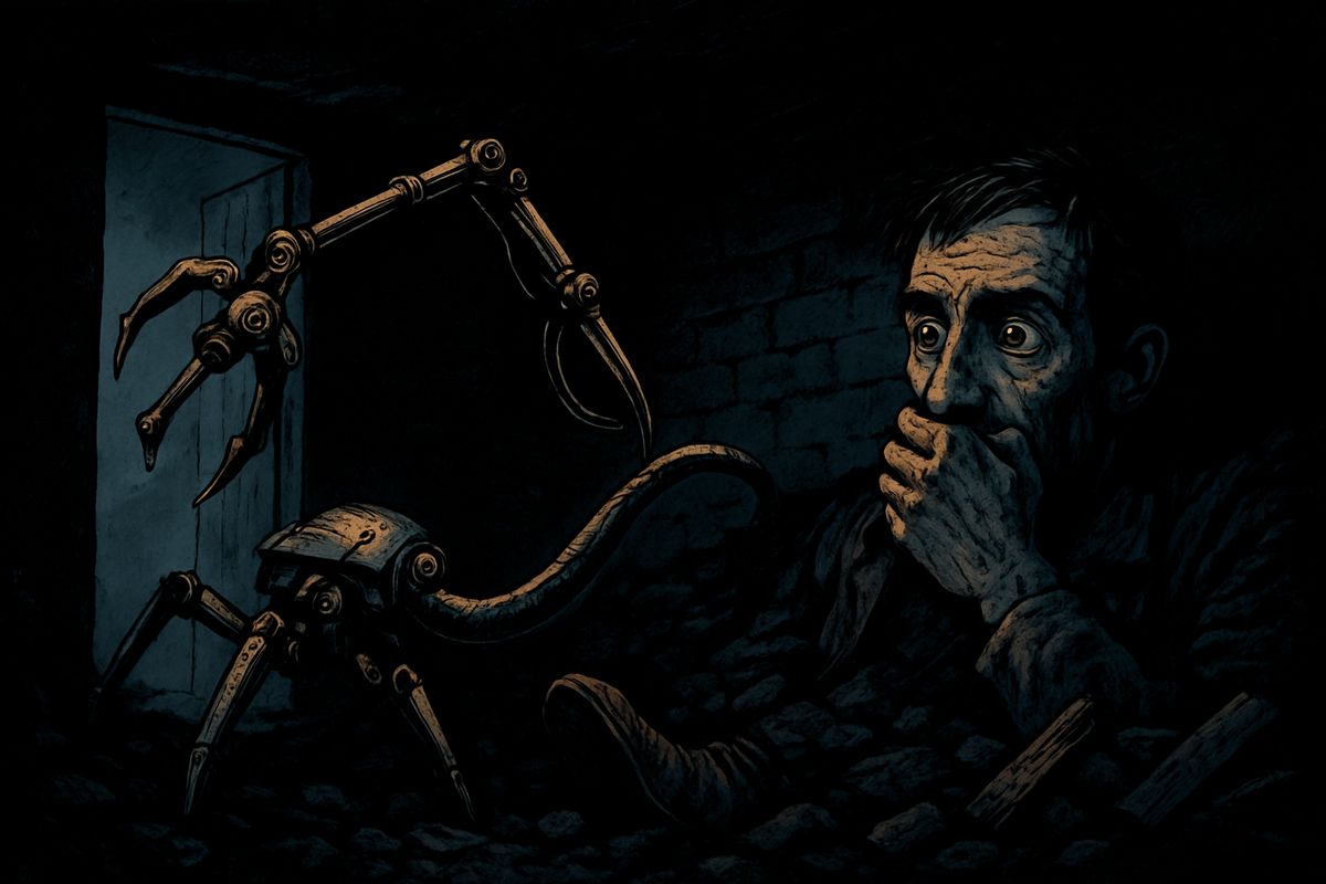 A handling-machine came to the hole, and its tentacle dragged the curate's still body away. I buried myself among the coals in the cellar, but the tentacle found the door, opened it and groped blindly through the dark. Once it touched the heel of my boot. I bit my hand to keep from screaming, and at last it went away.
