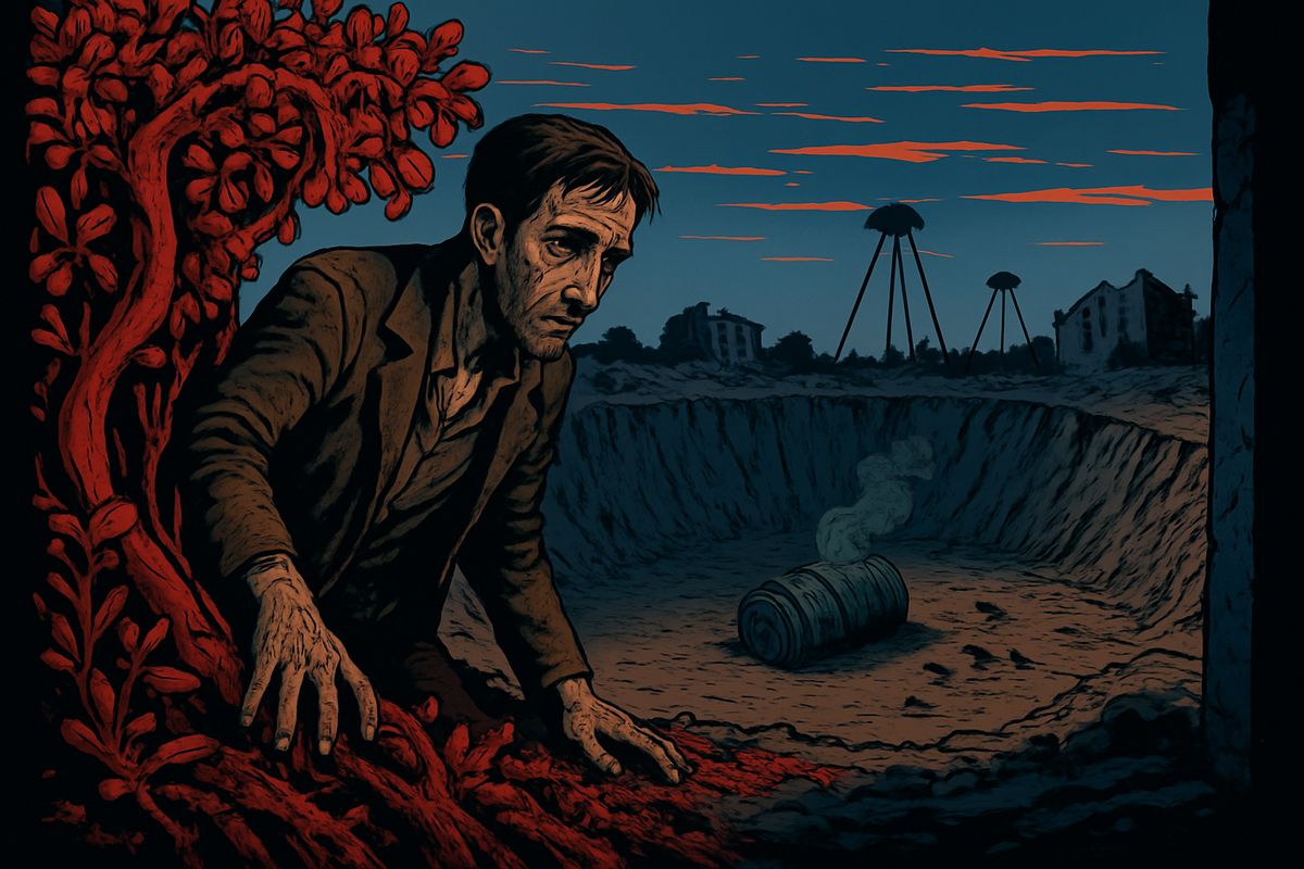 When I crept out, the food was gone, and I lived on tainted water from the pump while red weed grew over the hole and turned the light crimson. On the fifteenth day a dog sniffed at the gap, then ran off. When I finally looked out, the pit lay silent and empty. The machines were gone, and only crows squabbled over the bones.