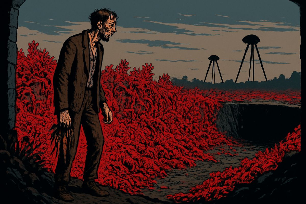 After fifteen days I crawled out and stood tottering on the mound. Where I expected ruined Sheen I found the landscape of another planet, crimson with red weed. I felt dethroned, no longer a master but an animal among the animals. Hunger soon drove me over a wall into a garden, where I grabbed young onions and carrots.
