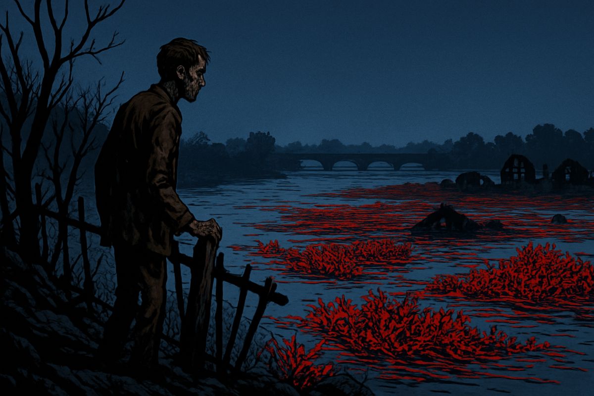 The weed had choked the rivers. From a garden near Putney I looked down at dusk on the flooded Thames valley: blackened ruins, sheets of red-tinged water, and silence everywhere. That night in an empty inn I lay thinking of the curate's death, and for the first time in days I prayed for my wife, and meant it.