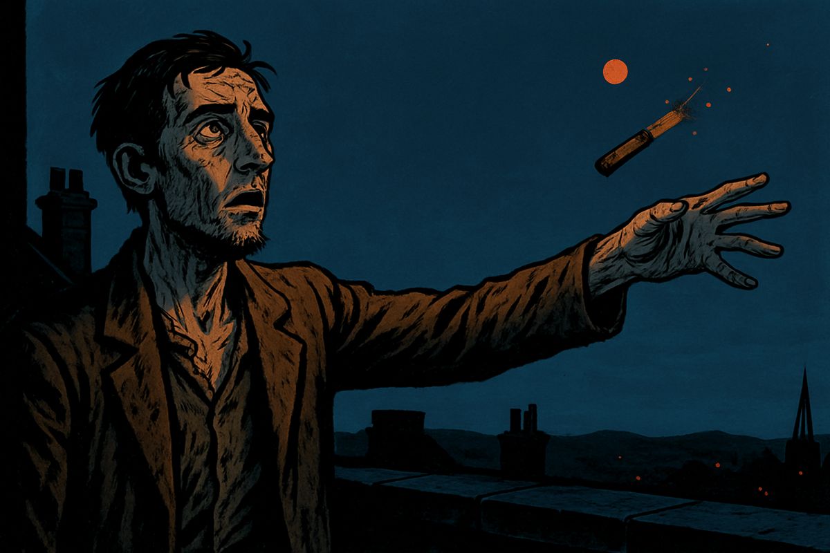 His tunnel, a week's work, was barely ten yards long, and by afternoon the digging had given way to champagne, cigars and cards. That night on the roof, with Mars glowing red above London, I threw the cigar away, ashamed. I felt I had betrayed my wife and my kind, and I resolved to go on into London alone.
