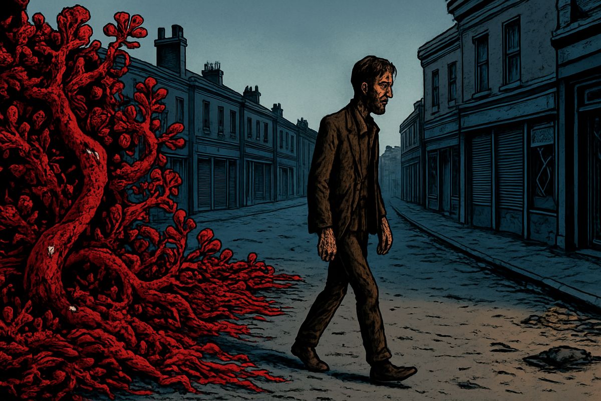 Leaving the artilleryman, I crossed Putney Bridge, its roadway nearly choked by red weed already whitening with disease. Beyond lay Fulham and a strangely silent London: black dust in the streets, houses shut and blinds drawn, shops broken open by looters, gold chains spilled across a pavement where nobody had bothered to pick them up.