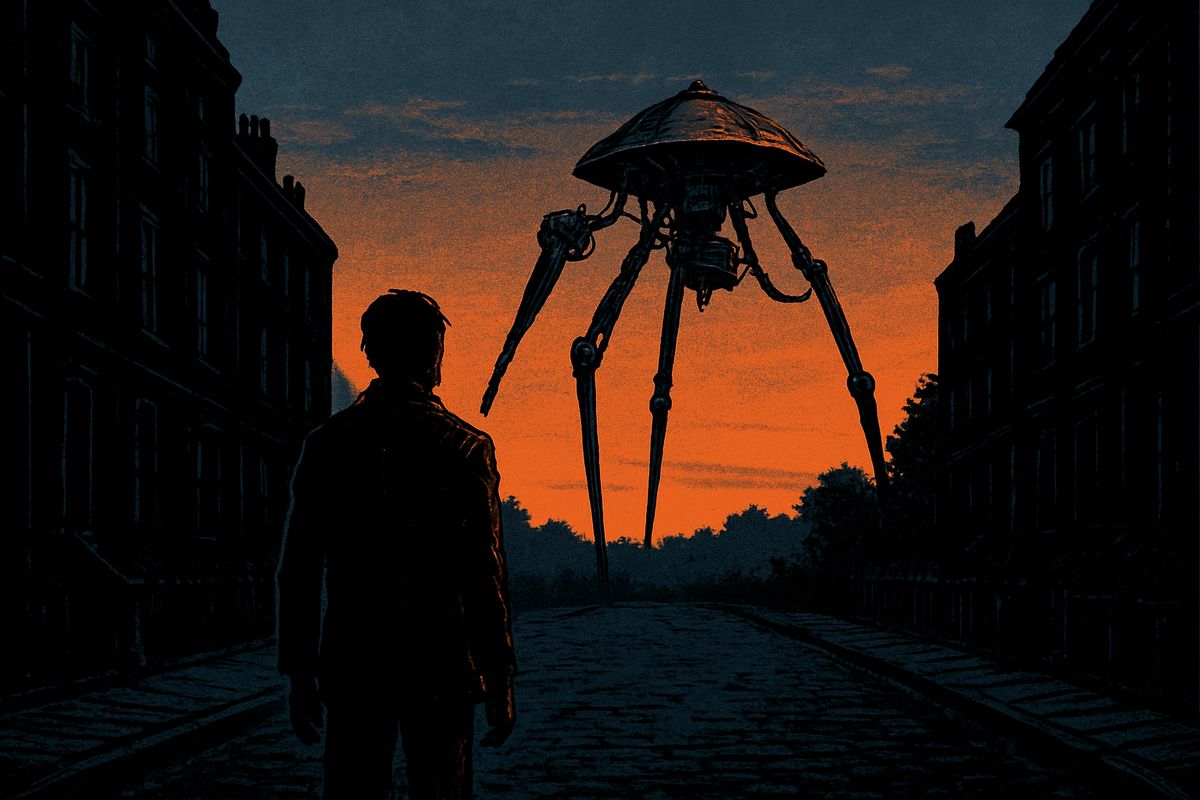 Near South Kensington I first heard it: a sobbing howl of two notes, 'Ulla, ulla, ulla, ulla,' that never stopped. I slept in a public-house and woke at dusk. At the top of Baker Street I saw it at last, far over the trees of Regent's Park: the hood of a Martian giant, standing still and howling.