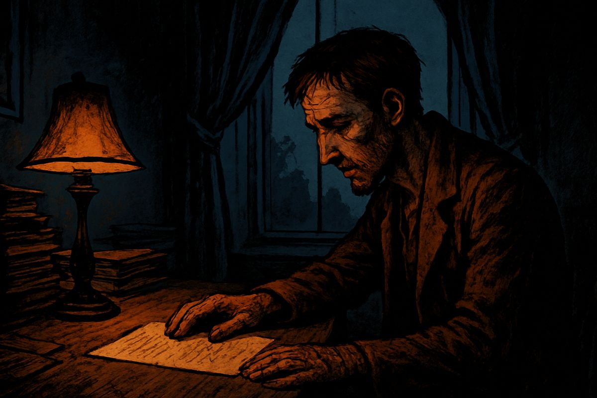Four days later I went home through ragged London, past red weed climbing Waterloo Bridge, and took a free train through the blackened country to Woking. My house stood open and empty. On my desk lay the essay I had left behind, its last line broken off in the middle: "In about two hundred years, we may expect——"