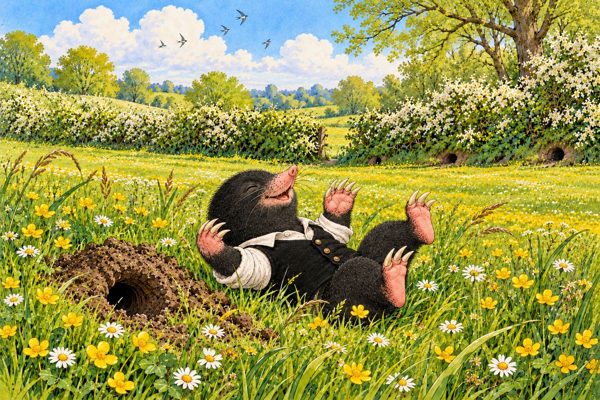 Mole had spring-cleaned all morning until, with a cry of “Hang spring-cleaning!”, he flung down his whitewash brush and scrabbled up his tunnel. Pop! His snout came out into the sunlight, and he was soon rolling in the warm grass of a great meadow.