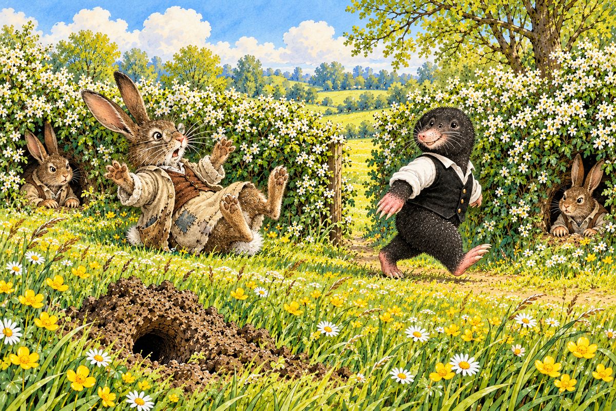 At the hedge an elderly rabbit demanded sixpence for passing the private road. The impatient Mole bowled him over and trotted on, crying “Onion-sauce! Onion-sauce!”, while the other rabbits peeped from their holes and grumbled at one another far too late.