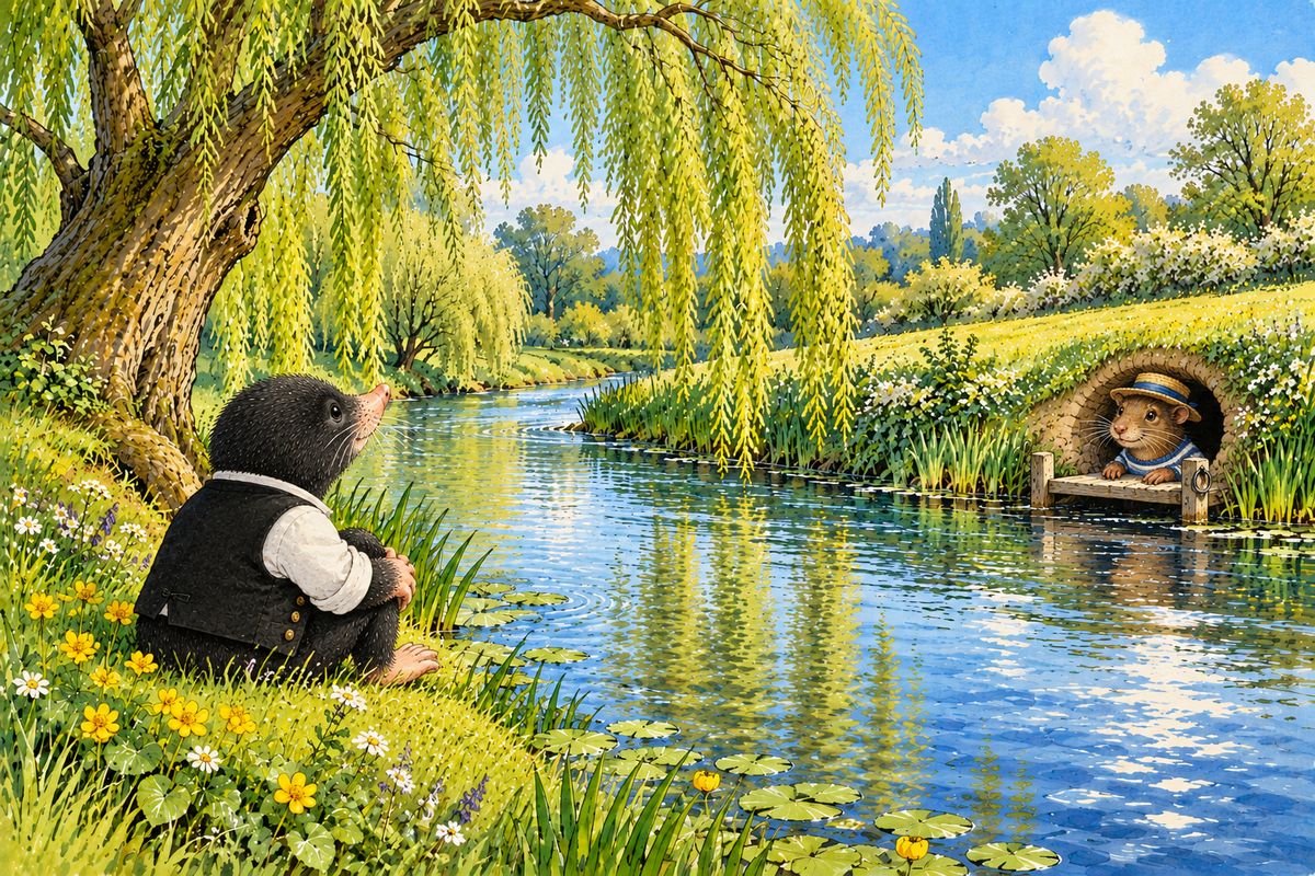 Rambling on through the meadows, Mole came at last to a river, the first he had ever seen, all glints and chatter. He sat entranced on the bank until, in a dark hole opposite, a twinkling eye appeared, then a brown, whiskered face. It was the Water Rat!