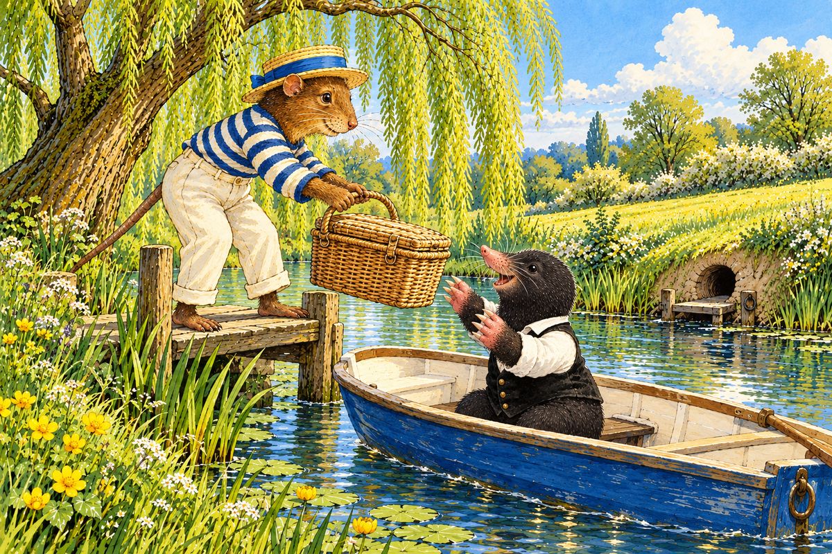Rat sculled over in a little blue-and-white boat, and Mole stepped gingerly aboard. Rat fetched a fat wicker luncheon-basket. “What's inside it?” asked Mole. “Coldchickencoldtonguecoldhamcoldbeefpickledgherkinssalad—” “O stop, stop,” cried Mole in ecstasies. “This is too much!”