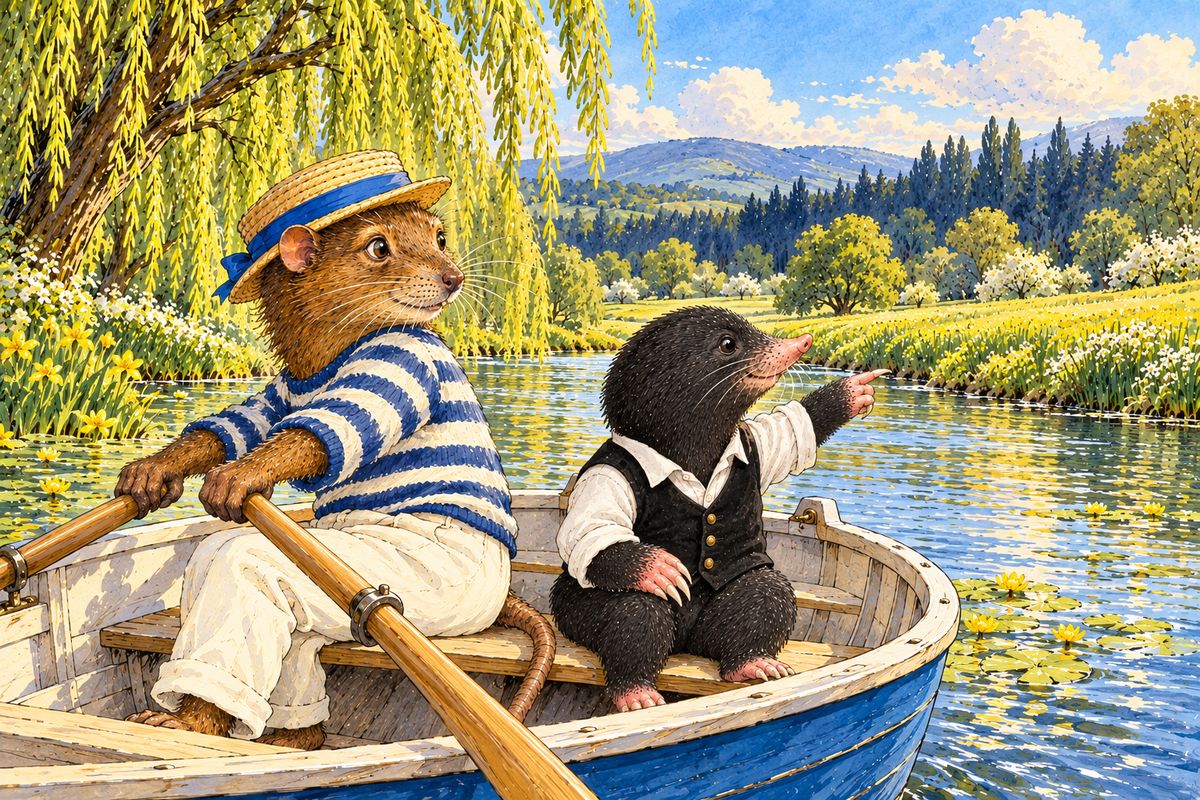 As they drifted downstream, Mole pointed to a dark wood beyond the water-meadows. “That's just the Wild Wood,” said Rat shortly. Badger lived there, but weasels and stoats could not be trusted, and beyond it lay the Wide World, which no sensible animal ever visited.