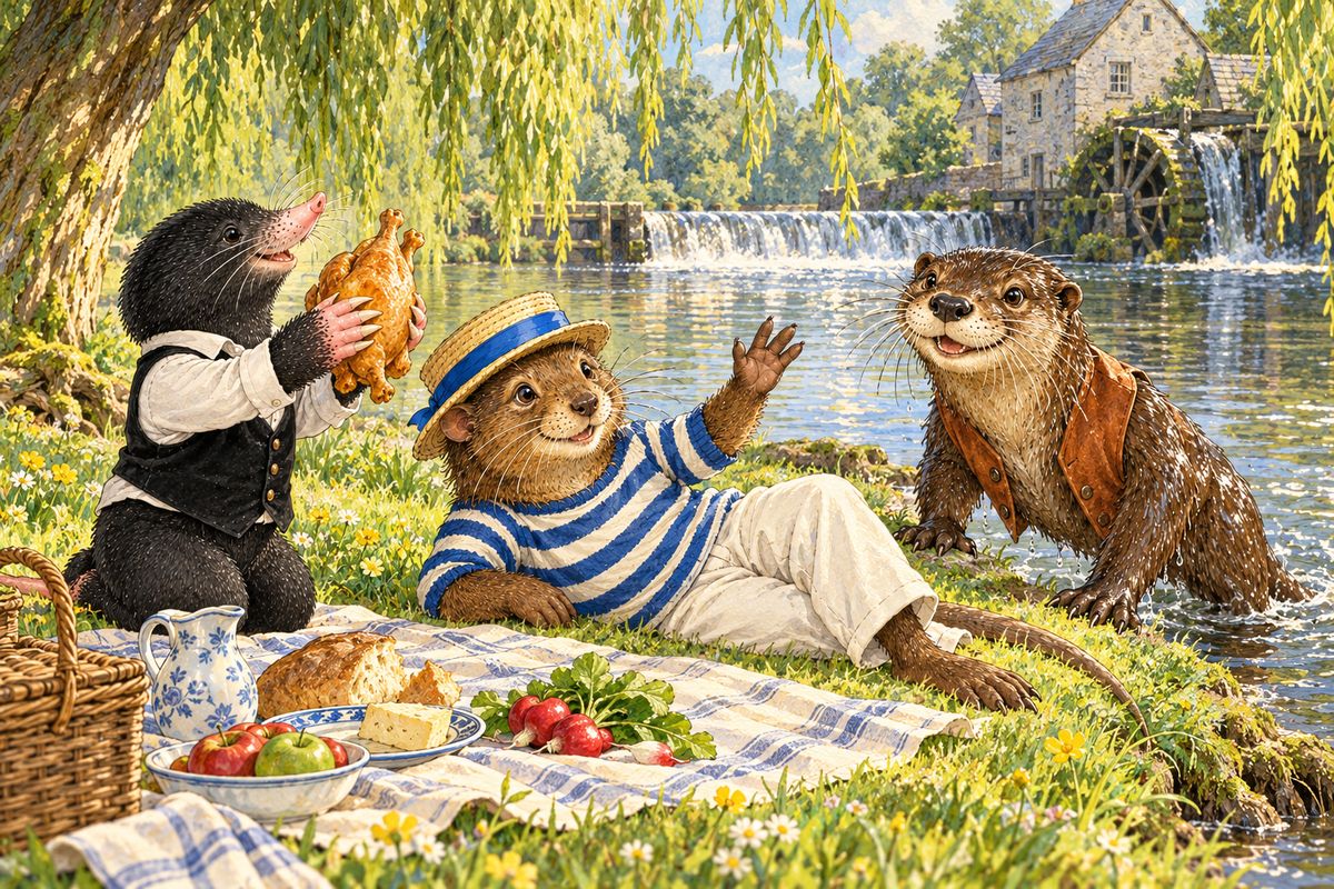 They lunched by a backwater near the weir, Mole gasping “O my! O my!” at every packet. A streak of bubbles brought up the Otter, and they were friends at once. Badger peered from a hedge, grunted “H'm! Company,” and left, and soon Toad splashed past, rolling wildly in his new racing boat.