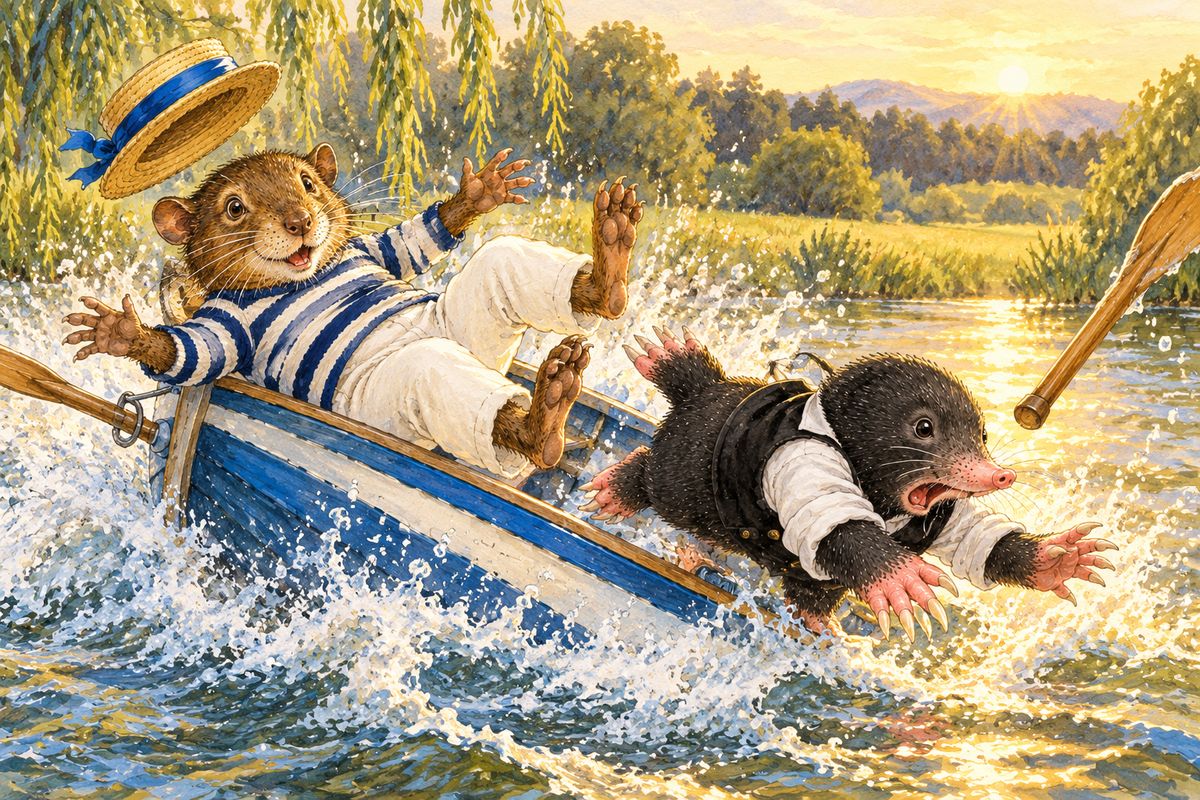 Rowing home, Mole grew jealous and seized the sculls, though Rat cried, “You'll have us over!” He dug at the water, missed it altogether, grabbed at the side, and then: Sploosh! Over went the boat, and Mole found himself struggling in the cold river.