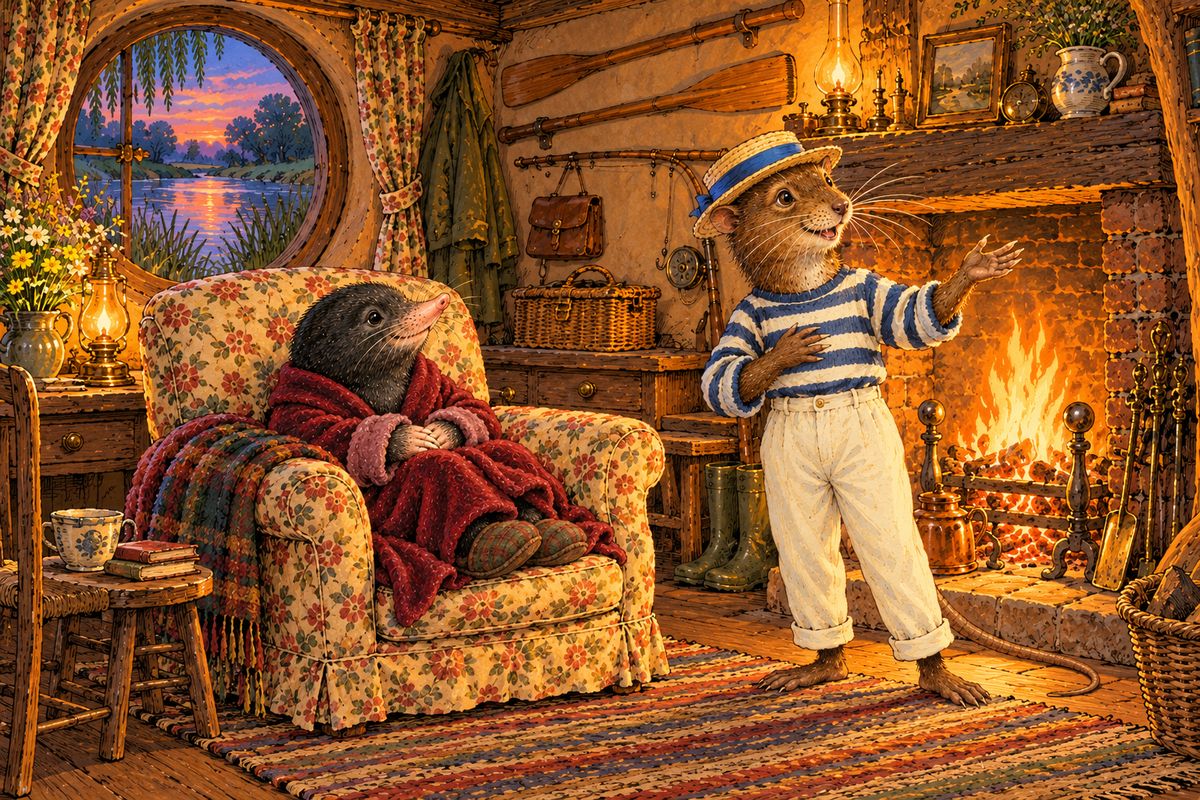Laughing, Rat pushed the half-drowned Mole ashore and dived for the basket. When Mole begged forgiveness, Rat said, “That's all right, bless you!” and invited him to stay. By a bright fire Rat told river stories, and promised to teach Mole to row and to swim.