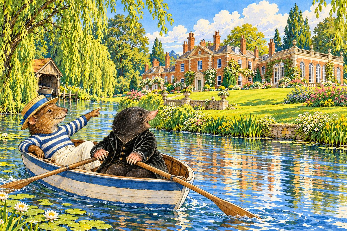 One bright summer morning Mole begged Rat to take him to call on Mr. Toad, so they rowed upriver until a handsome old house of mellowed red brick rose above its lawns. "There's Toad Hall," said the Rat. "Toad is rather rich, you know, though we never admit as much to Toad."