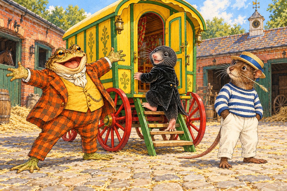 Toad's boats hung unused in the boat-house, because boating was "a silly boyish amusement" now. In the stable-yard he showed them his new craze: a canary-yellow gipsy caravan with red wheels. "There's real life for you!" he cried. Mole fell in love with it at first sight, and the Rat, unable to disappoint him, grumbled but gave in over lunch.