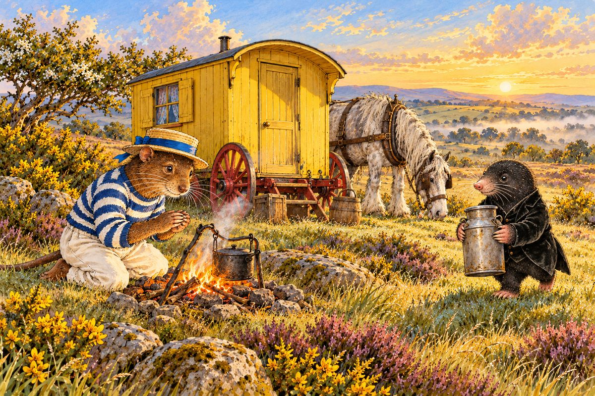 That afternoon they set off down the dusty lanes, behind an old grey horse who had not been consulted and grumbled about it. They camped on a lonely common under a yellow moon. Next morning Toad slept on and could not be woken, so Rat lit the fire and Mole trudged miles for milk and eggs.