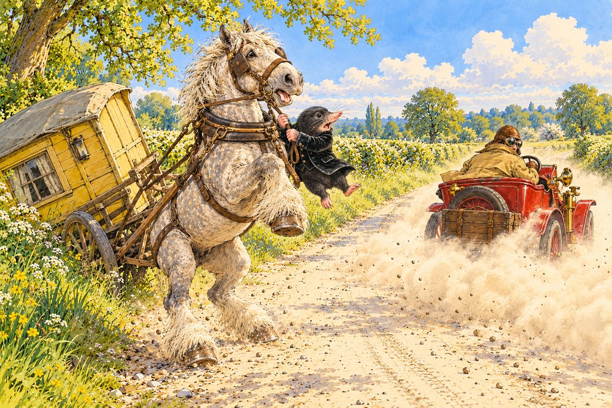 On their first high-road a droning hum grew into a roar. A magnificent motor-car tore past in a whirlwind of dust, crying "Poop-poop!" The old grey horse reared and plunged, and in spite of all Mole's efforts at his head, the canary-coloured cart toppled backwards with a heartrending crash into the ditch.