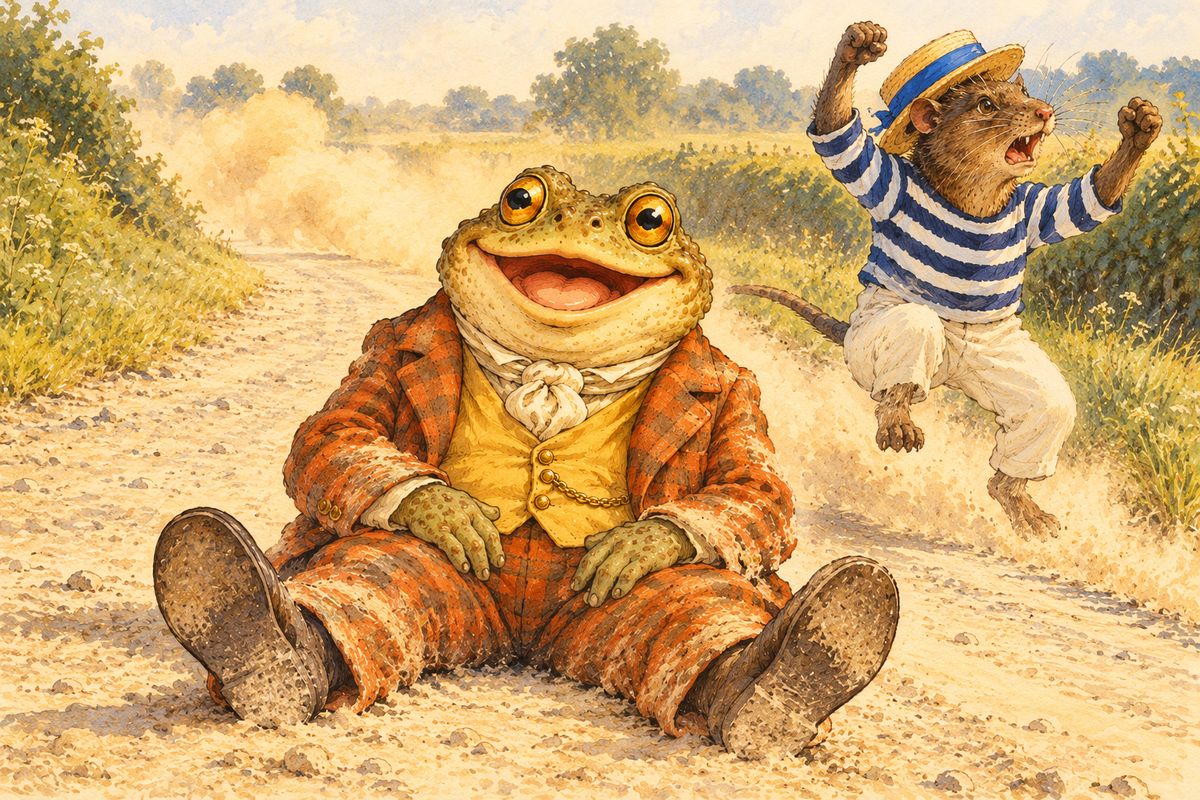 Rat shook his fists after the car: "You road-hogs! I'll have the law of you!" But Toad sat in the dust, eyes shining, murmuring "Poop-poop!" He was quite possessed. His friends led him home by train, and the very next day the news ran along the river bank that Toad had ordered a large and very expensive motor-car.