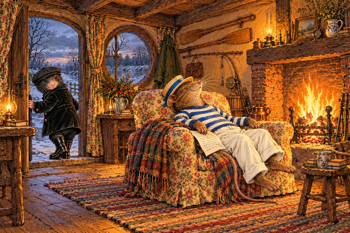 Winter came, and the countryside lay bare and leafless. One afternoon, while the Rat dozed in his arm-chair by the fire over rhymes that wouldn't fit, the Mole put on his cap and new goloshes and slipped out alone. He meant to explore the Wild Wood and perhaps meet the famous, solitary Mr. Badger.
