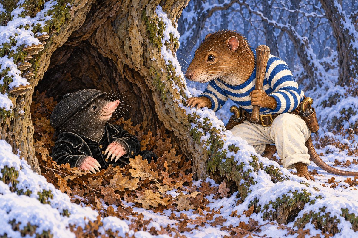 In panic the Mole ran blindly until he crept into the hollow of an old beech, trembling among the dry leaves. Back home, the Rat woke, found Mole's cap and goloshes gone, and followed the fresh tracks into the wood with a brace of pistols and a stout cudgel. At last a feeble voice answered: "Ratty! Is that really you?"