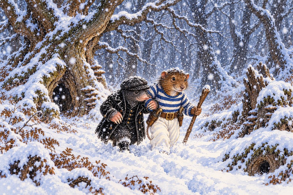 After Mole had rested, the Rat looked out. "Snow is up," he said, "or rather, down." Every path had vanished under white. Holding on to each other, they struggled on for hours, wet, bruised and weary, among trees that all looked the same, until they were hopelessly lost.
