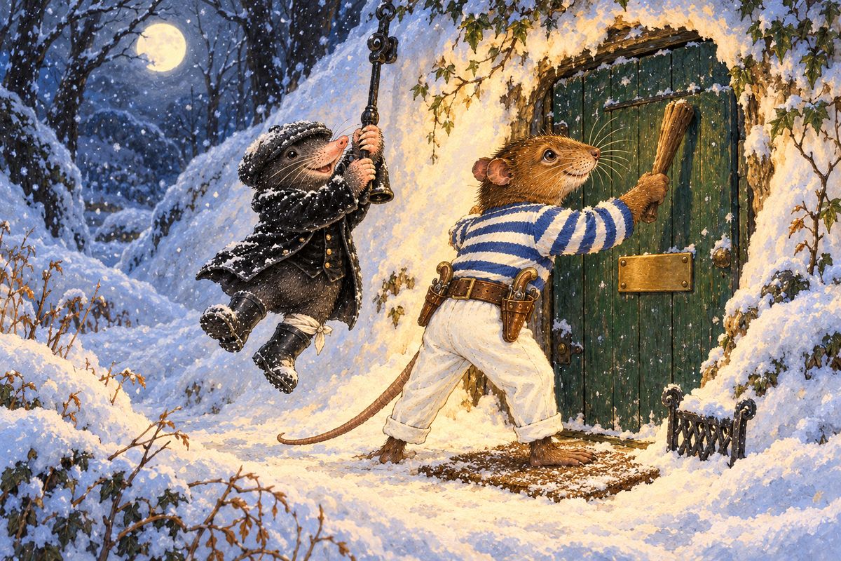In a hummocky dell the Mole cut his shin on something hidden. The Rat reasoned it out: a clean cut meant a door-scraper, a scraper meant a door-mat, and a mat meant a door. They dug, and found a green door with a brass plate reading MR. BADGER. The Mole leapt to the bell-pull and swung on it while the Rat hammered.