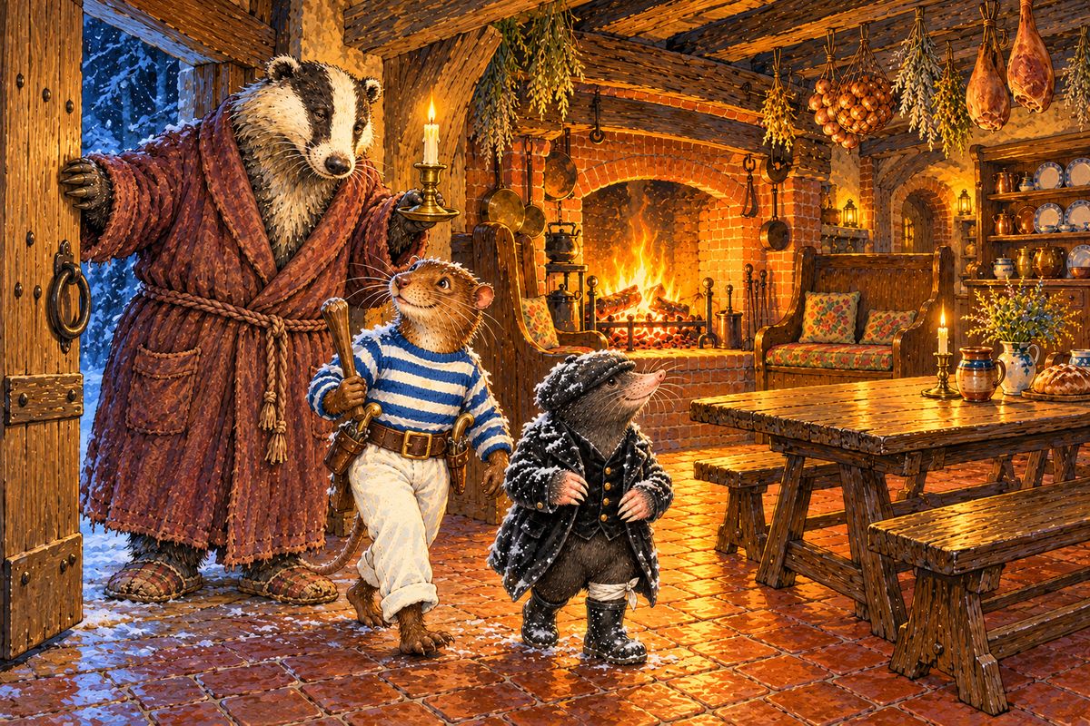 At last slow, shuffling footsteps answered, and a gruff voice demanded who was disturbing people on such a night. But when the Badger saw the Rat, his voice changed at once. “Come along in, both of you. Why, you must be perished!” He led the snowy pair down a shabby passage and flung open the door to his great fire-lit kitchen.