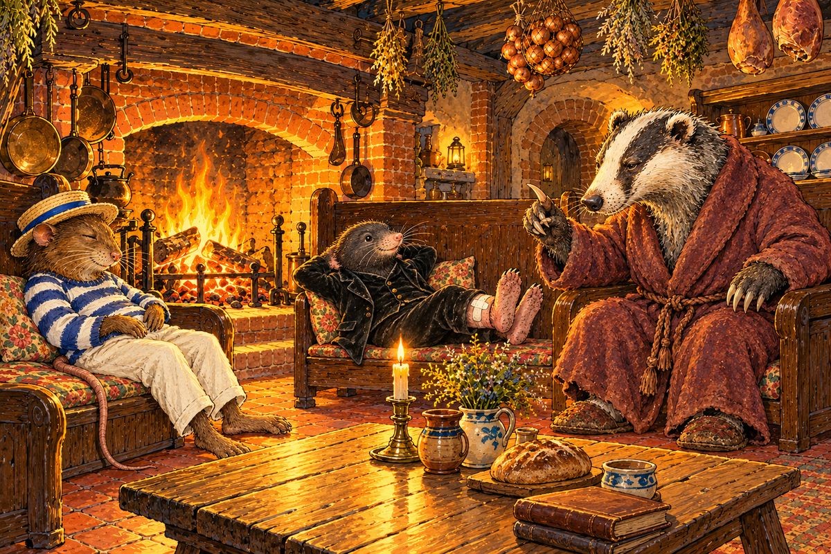 Badger bathed Mole’s cut shin and patched it as good as new, then fed them a splendid supper. Afterwards, by the embers, the Rat told him that Toad had smashed his seventh motor-car. Badger thought hard. When winter was over, he declared, “we’ll take Toad seriously in hand. We’ll make him be a sensible Toad”—and then caught the Rat nodding off.